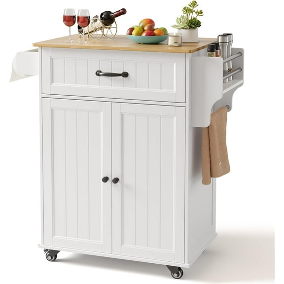 Kitchen Island Cart with Adjustable Shelf, 33" W Mobile Trolley Cart on Metal Wheels with Drawer & Storage Cabinet, Spice Rack & Towel Rack, for Dining Room, Bar, White, Tabletop-Oak Color