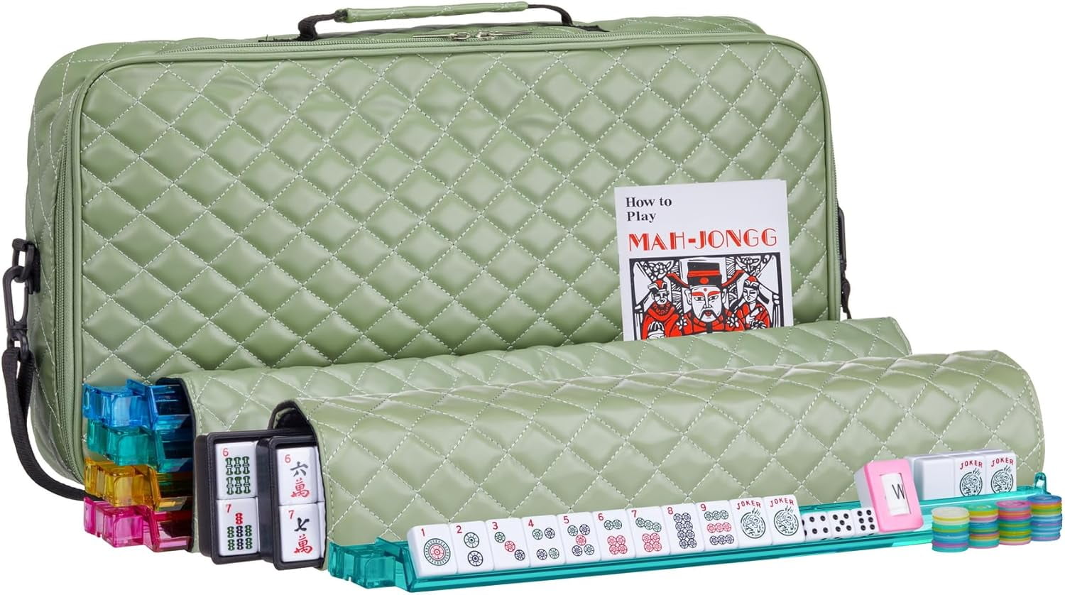 American Mahjong Set “Green - Quilted PU Leather Carrying Bag with Shoulder Strap & Handles, All-in-One Tile Racks with Pushers, 166 Engraved Tiles, Dice, Bettor, Extra Tiles & Instructions
