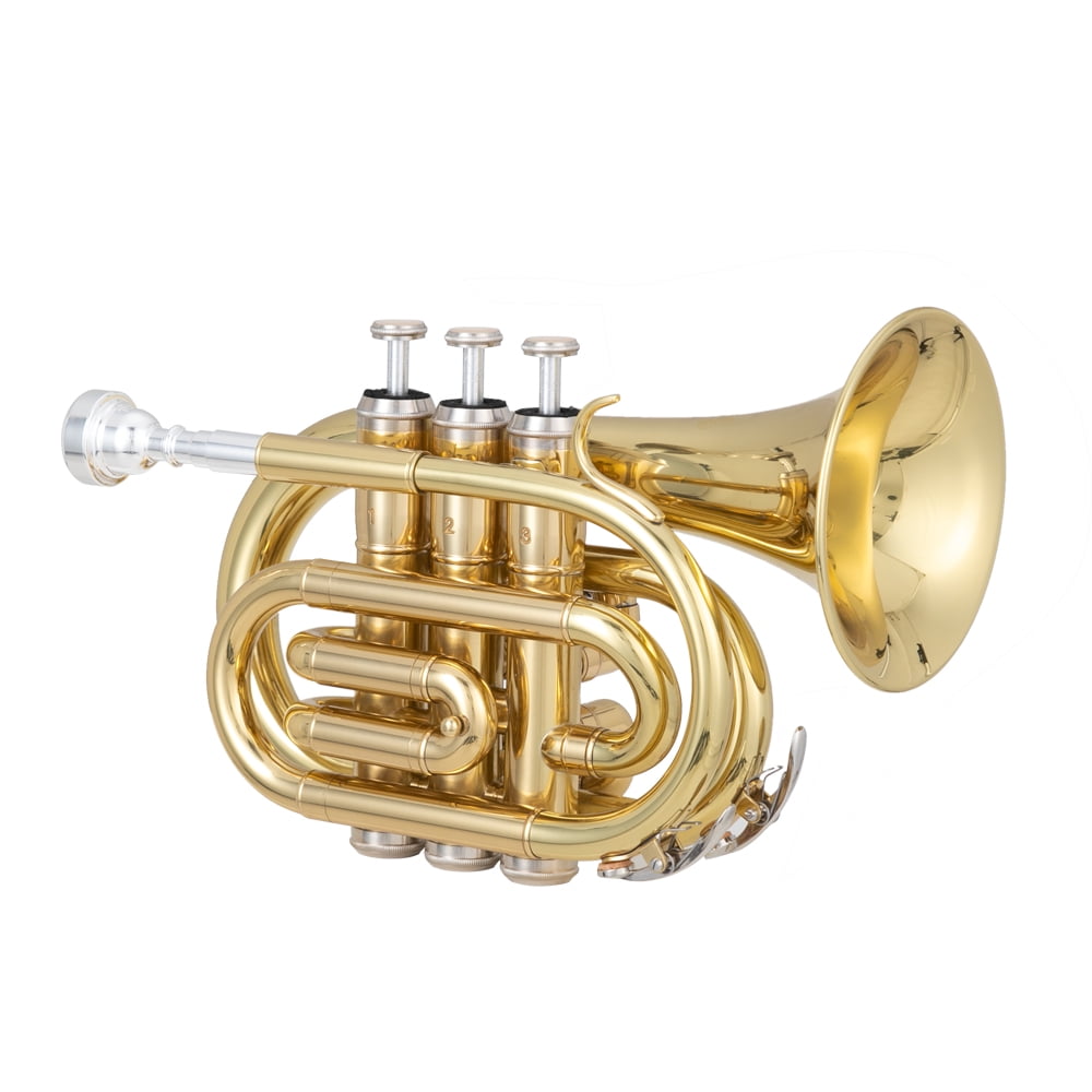 LBSX Pocket Trumpet Lacquer Brass Bb Pocket Trumpet for Beginners,Students or Intermediate with Standard 7C Trumpet Mouthpiece,Hard Case,Valve Oil,Strap,White Gloves,Cleaning Cloth 