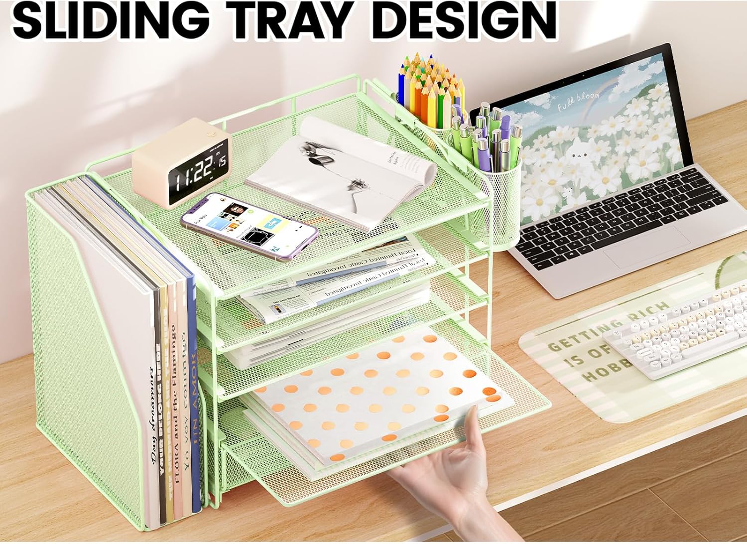 ThrottleT-Desk Organizers and Accessories with File Holder, 5-Tier Office Desk Accessories & Workspace Desktop Organizer with Drawer and 2 Pen Holder, File Paper Organizer for Office Supplies(Green)