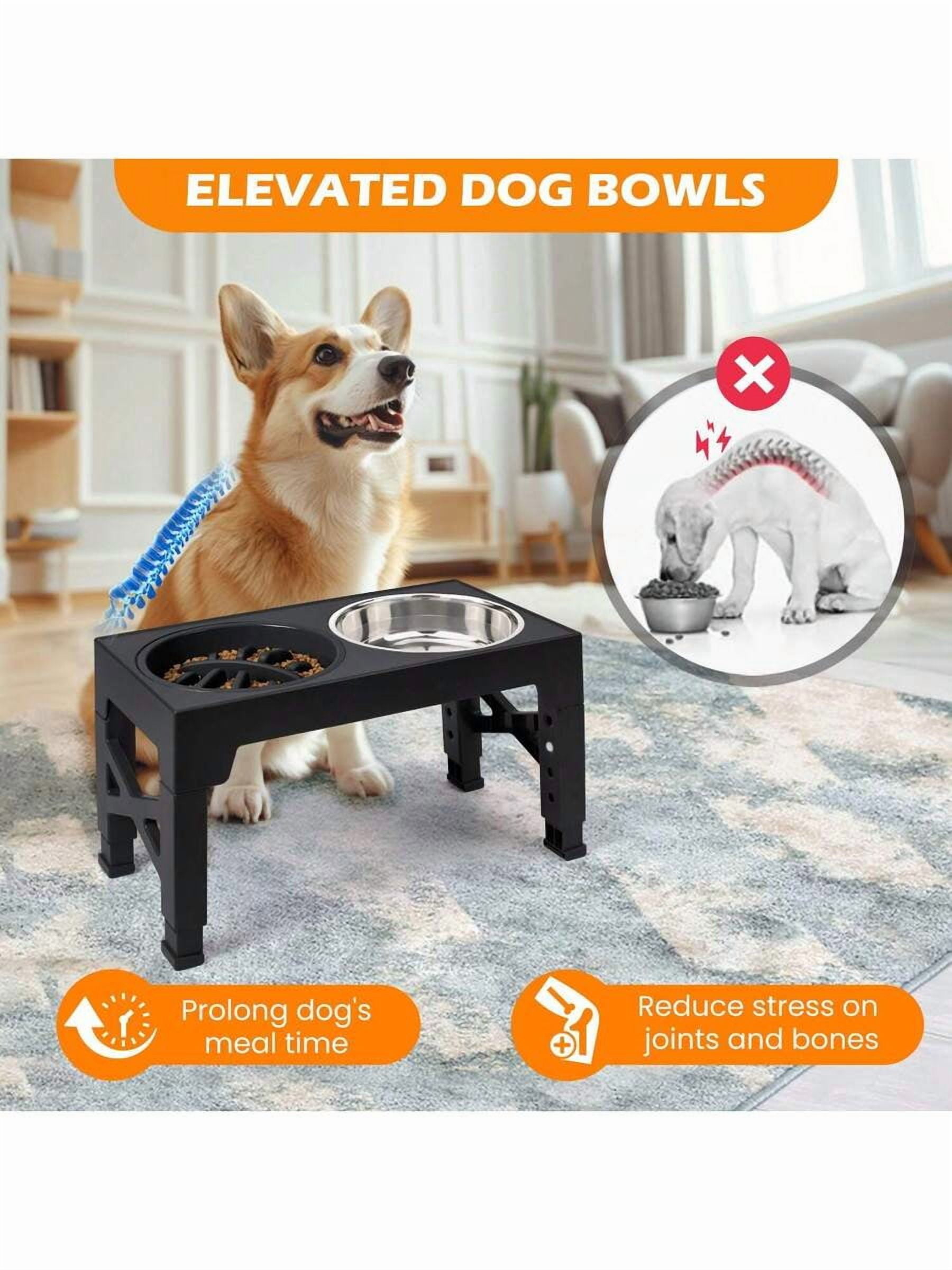 5-Height Adjustable Raised Dog Bowl Set - Includes 2 Stainless Steel Bowls + 1 Slow Feeder, Anti-Choke & Slow Feeding Design, Suitable For All Dog Breeds & Cats,Easy-Clean Materials