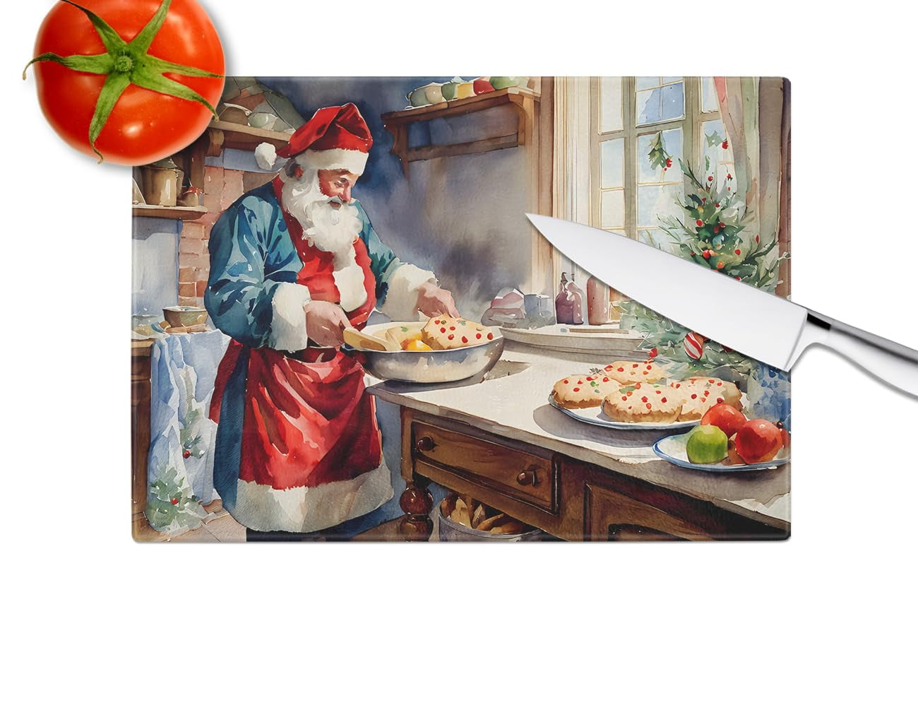 Cookies with Santa Claus Babbo Natale Glass Cutting Board Large 12 in x 15 in