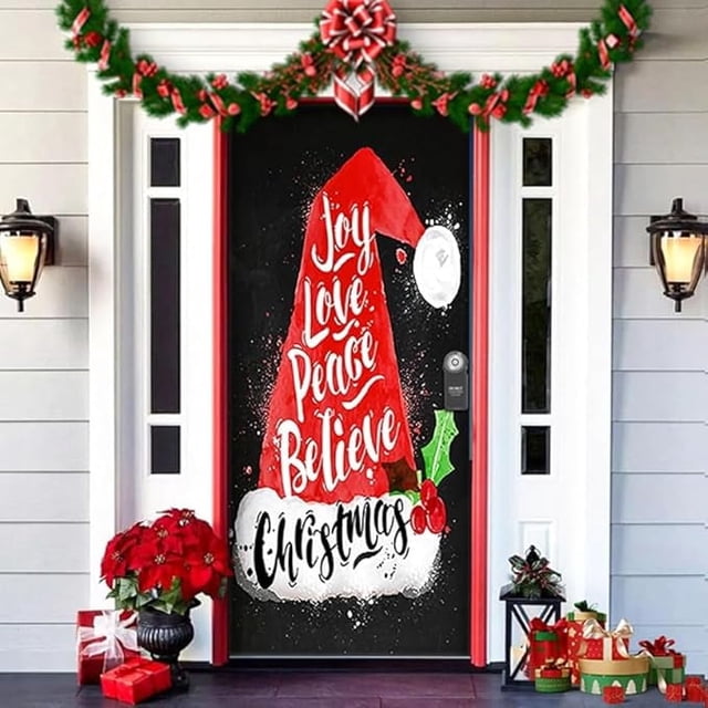 Cubierta de decoración navideña para puerta de entrada, cubierta de tela navideña para puerta con elástico, cubiertas decorativas para puerta de entrada, cubiertas de bolas navideñas para decoración
