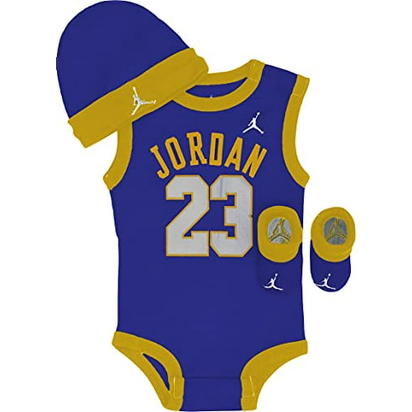 Jordan Baby Boys Jumpman Bodysuit, Beanie and Booties 3 Piece Set (Purple(MJ0208-B5K)/Yellow, 6-12 Months)