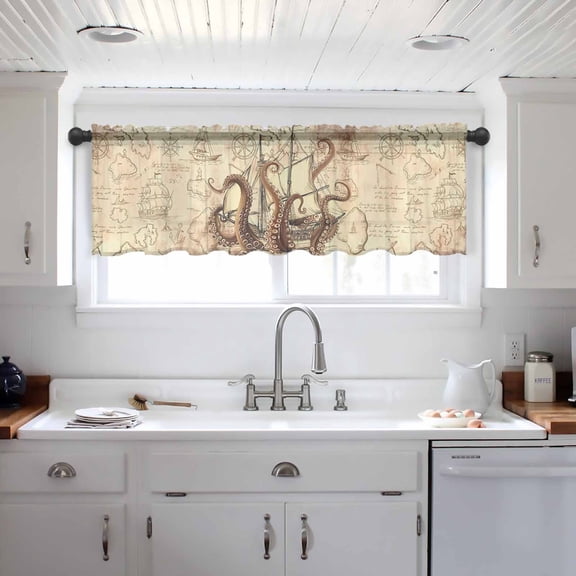 Vintage Octopus Valance Curtains for Kitchen/Living Room/Bathroom/Bedroom Window, Beige Nautical Coastal Retro Rod Pocket Small Topper Half Short Window Curtains Voile Sheer Scarf 42"x12"