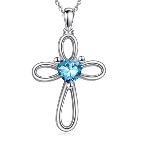 Cross Necklaces S925 Sterling Silver December Artificial Tanzanite Birthstone Heart Cross Pendant Necklace Religious Christian Baptism Jewelry First Communion Day Gifts for Women