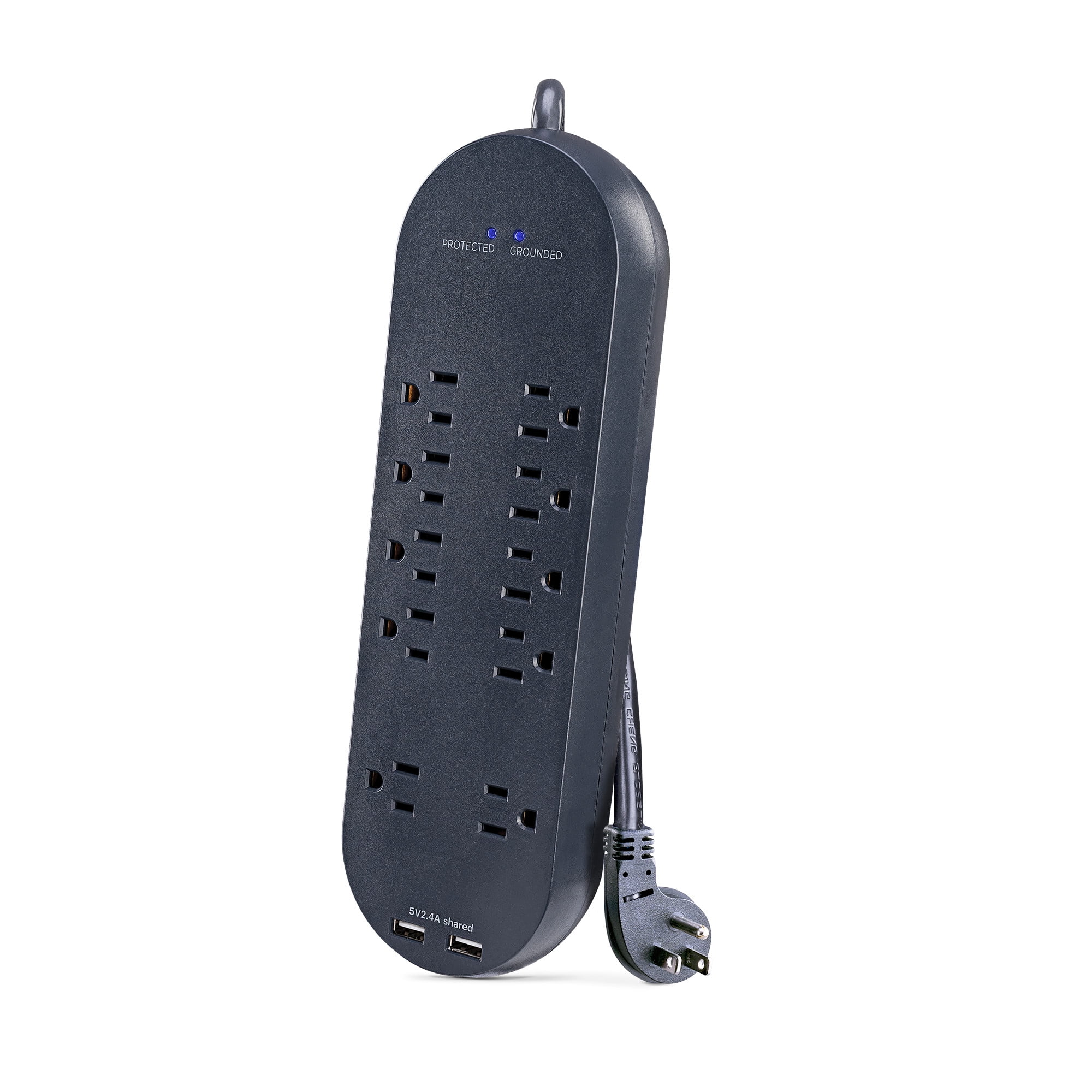 onn. Gray Surge Protector with 10 Outlets, 3300 Joules and 2 USB Ports