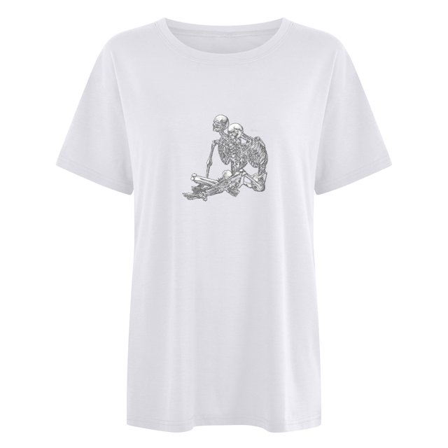 Hombres manga corta casual romántico esqueleto estampado hombro caído cuello redondo pulóver camiseta blusa Pompotops oipoqjl5430