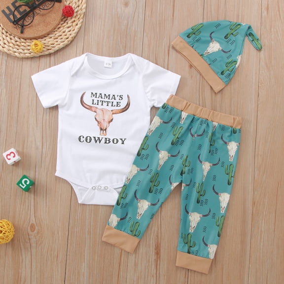 TrendOFT Baby Boy Outfits Set Summer Western Cowboy Farm Printed Short Sleeve Romper Long Pants And Hat Three Piece Casual Vacation Outfit For Little Boys' Clothing Sets White