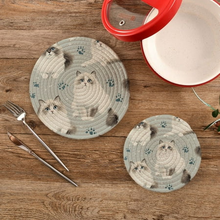 

Wobogo Playful Ragdoll Cats Pattern Trivets Potholders Set of 2 Cotton Woven Round Hot Plate Mats for Hot Dishes Bowls Teapots