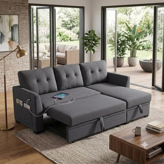 Howcool Sectional Sleeper Sofa with Pull Out Bed, 76.5"L Shape Convertible Linen Couch with Storage Chaise, 2 in 1 Pull Out Sofa Bed with 2 Seats, for Living Room, Apartment, Charcoal Black