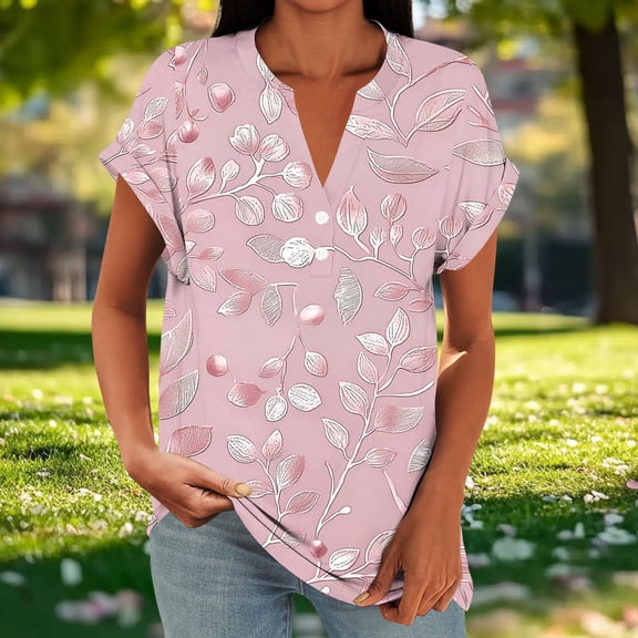 YueHuiYing Womens Spring/Summer Tops Short Sleeve Casual Shirts Floral Tee Trendy Basics V Neck Loose Plain Tshirt