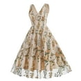 thumbnail image 4 of up to 60% off Gifts Usmixi Womens Dresses Vintage Lace Patchwork Empire Waist Pleated Swing Party Prom 1950S Dresses Summer Floral Print V-Neck Short Sleeve Formal Midi Dress Yellow XXL, 4 of 6