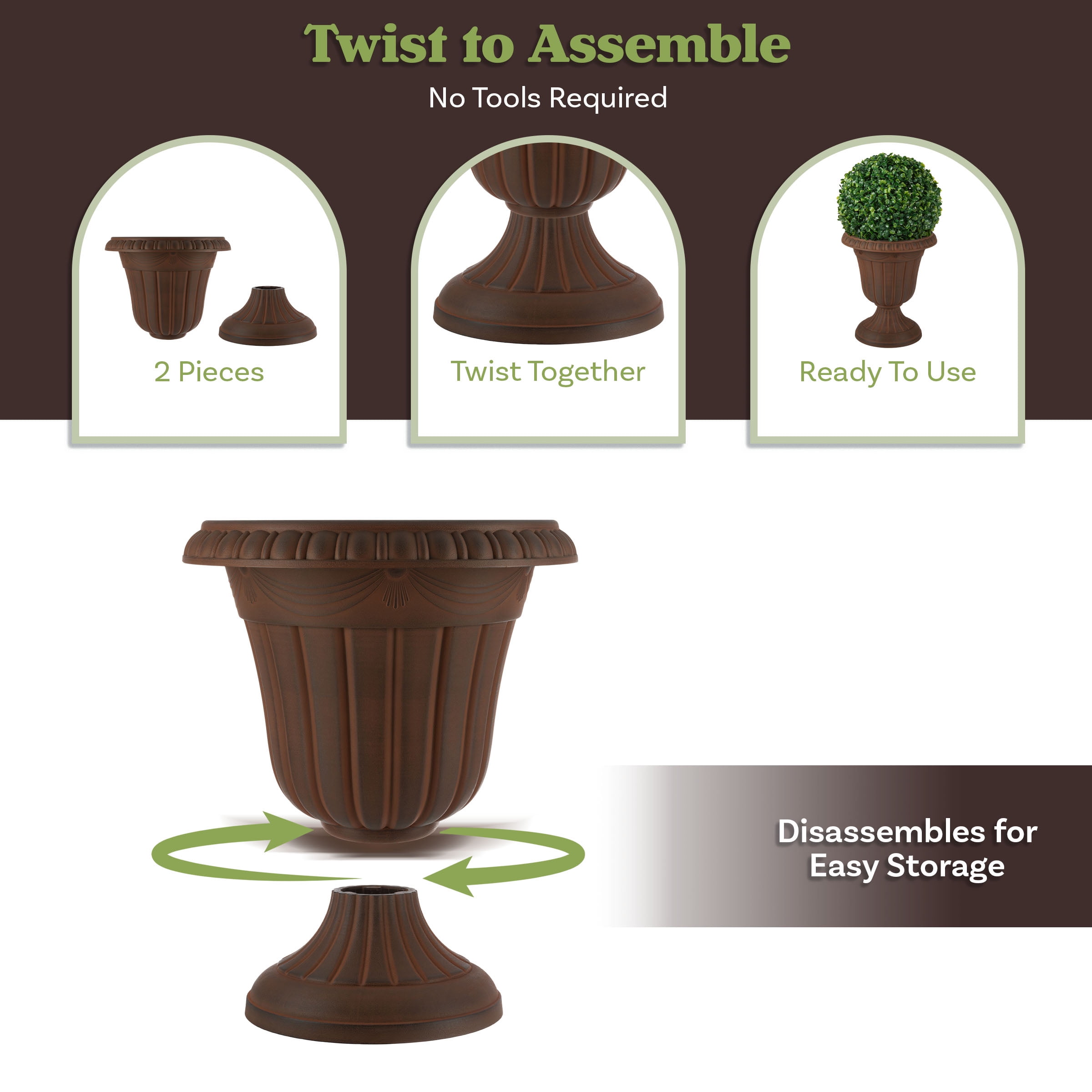 Pure Garden Large and Small Outdoor Urn Planter 2-Pack, Brown