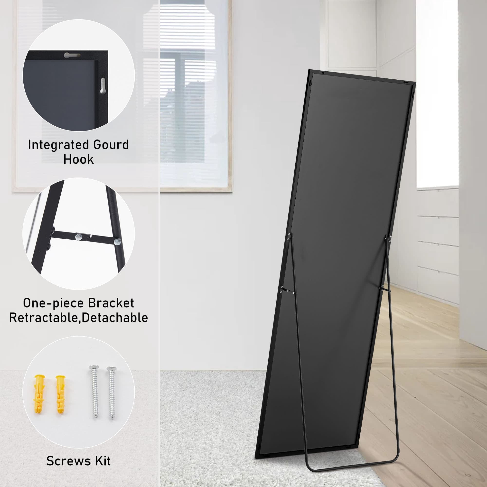 MAYEERTY 64in Full Length Mirror Rectangle Mirror Full Body Mirror with Bracket, Aluminum Alloy, Black