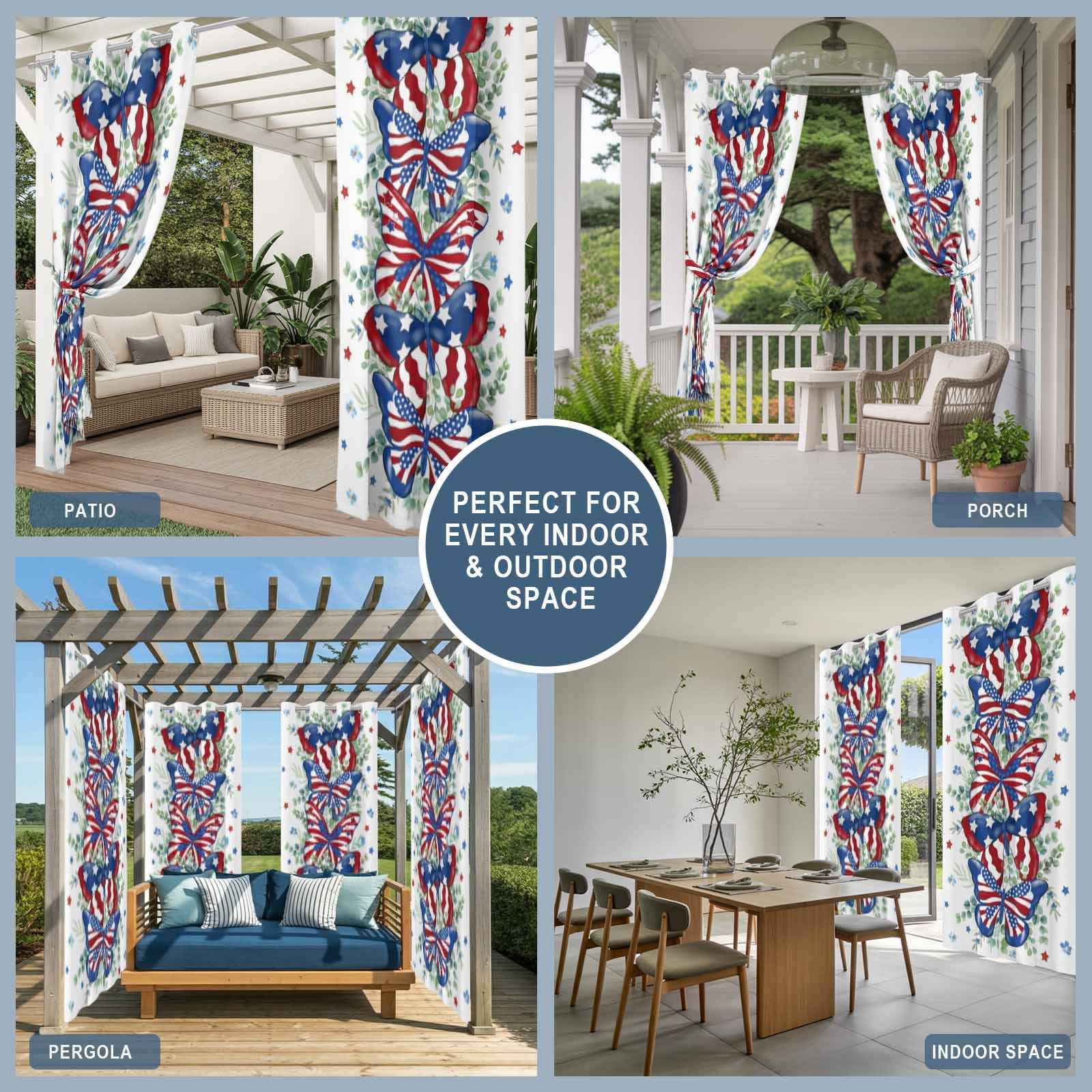 Independence Day Butterfly Outdoor Curtains for Patio, Country American Flag Butterfly Star Green Leaf Sunshade Privacy Drapes Grommet Waterproof Outside Curtains for Porch Balcony 54"x108", 1 Panel