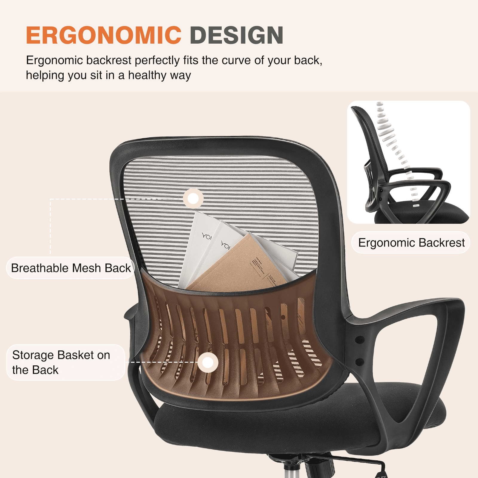MAYEERTY Ergonomic Office Chair for Standing Desk with Adjustable Height, Computer Desk Chairs, Fixed Handrail , Black