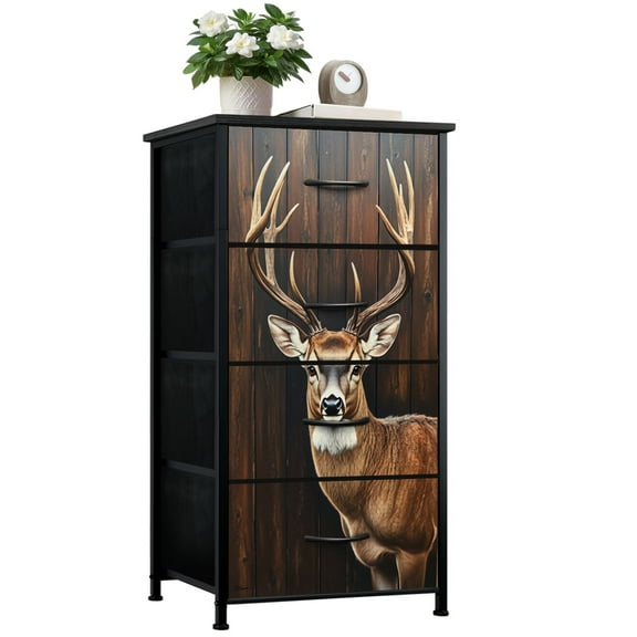 Rustic Dresser for Bedroom with 4 Storage Drawers Realistic Stag Majestic Antlers against Wooden Dressers Chest of Drawers Steel Framed Fabric Closet Organizers for Entryway Hunting Cabin