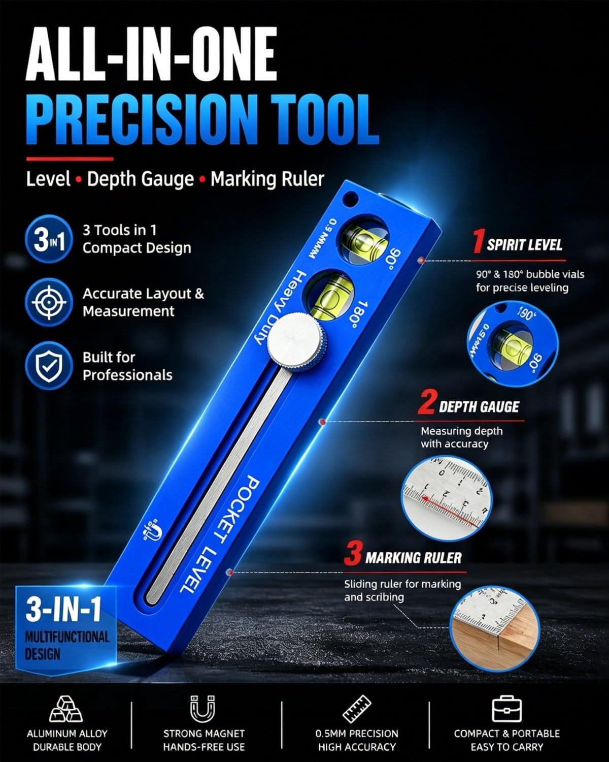 Multifunctional Marking Level Ruler with 90° and 180° Spirit Levels, Aluminium Alloy Pocket Spirit Level Depth Gauge, Adjustable Woodworking Sliding Metal Scribing Tool for Carpentry(Orange)