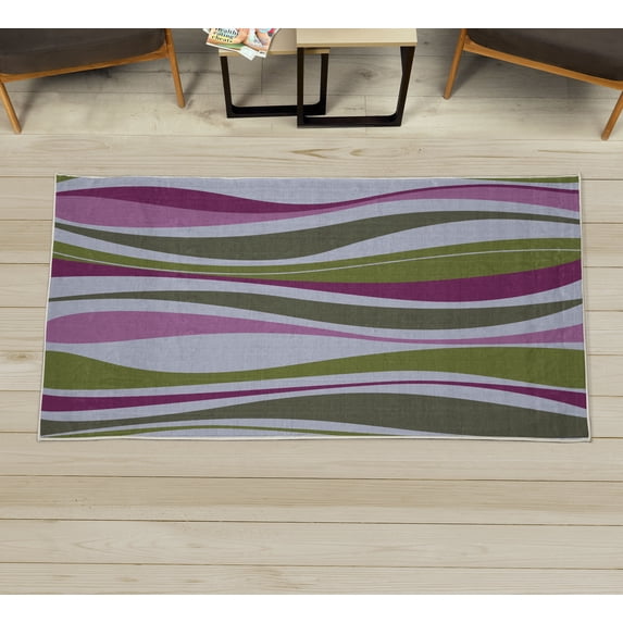 Vintage Decorative Rug, Retro Vibrant Stripes Funky Lines Design Patterns Abstract Print, Quality Carpet for Bedroom Dorm and Living Room, 6 Sizes, Army Green, by Ambesonne