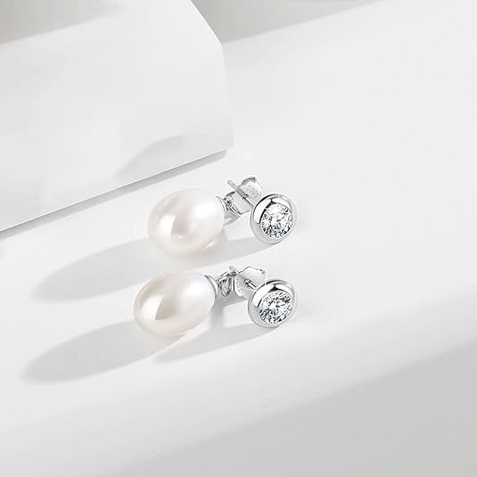 BAMIKI  8.5-9mm Drop & Dangle Pearl Earrings for Women – 925 Sterling Silver Freshwater Cultured Pearls with Cubic Zirconia, 2-Way Wear Hypoallergenic Jewelry Gift