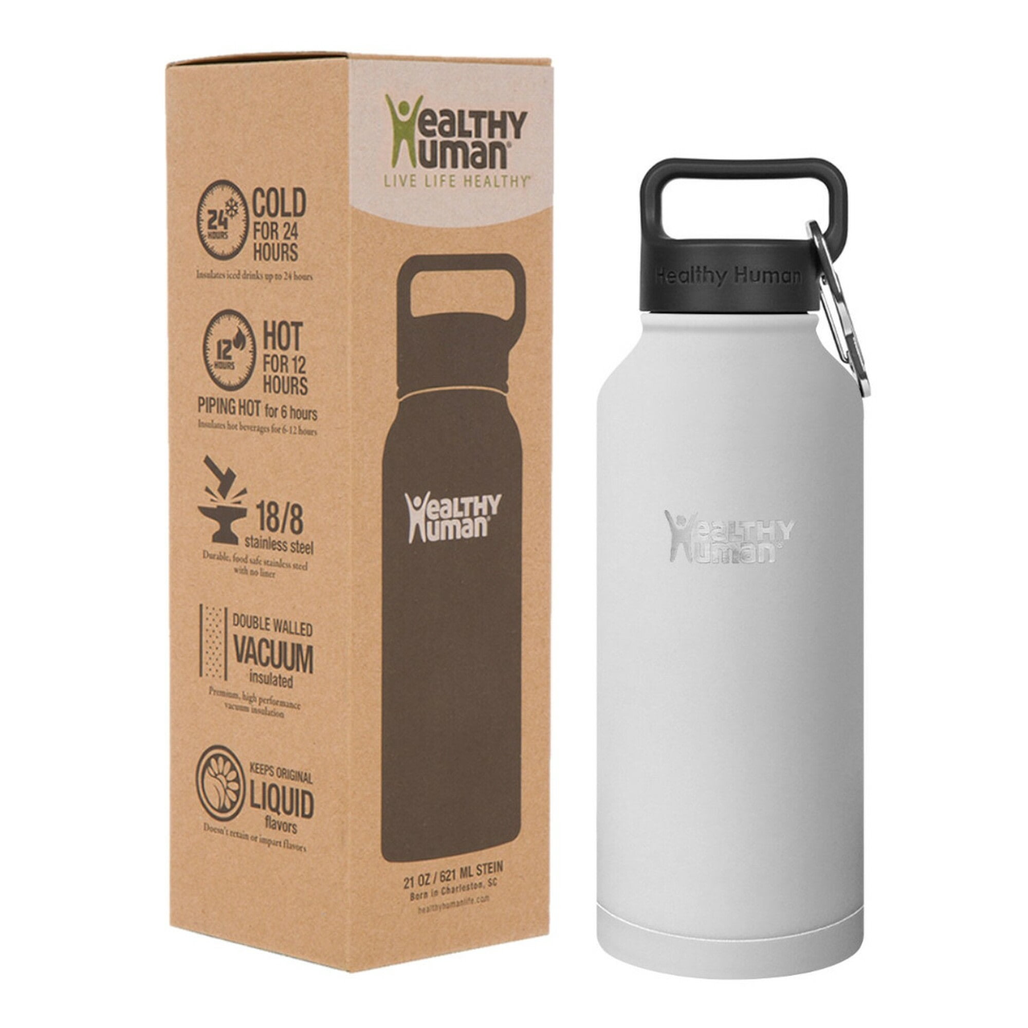 Healthy Human Stainless Steel Water Bottle | Double Walled Vacuum Insulated Water Thermos for Adults | Eco-Friendly Travel Bottles with Leak Proof Lid (Pure White, 32 oz/ 946 ML)