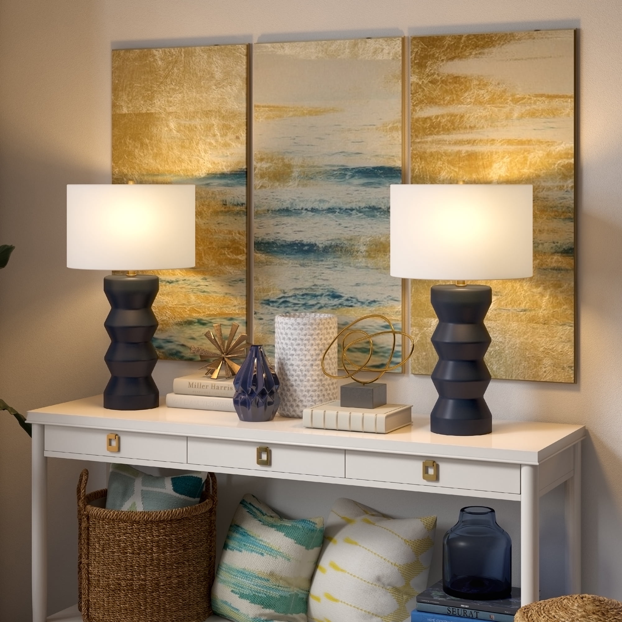Evelyn&Zoe Carlin 27" Tall Ceramic Table Lamp with Fabric Shade, Matte Navy/White