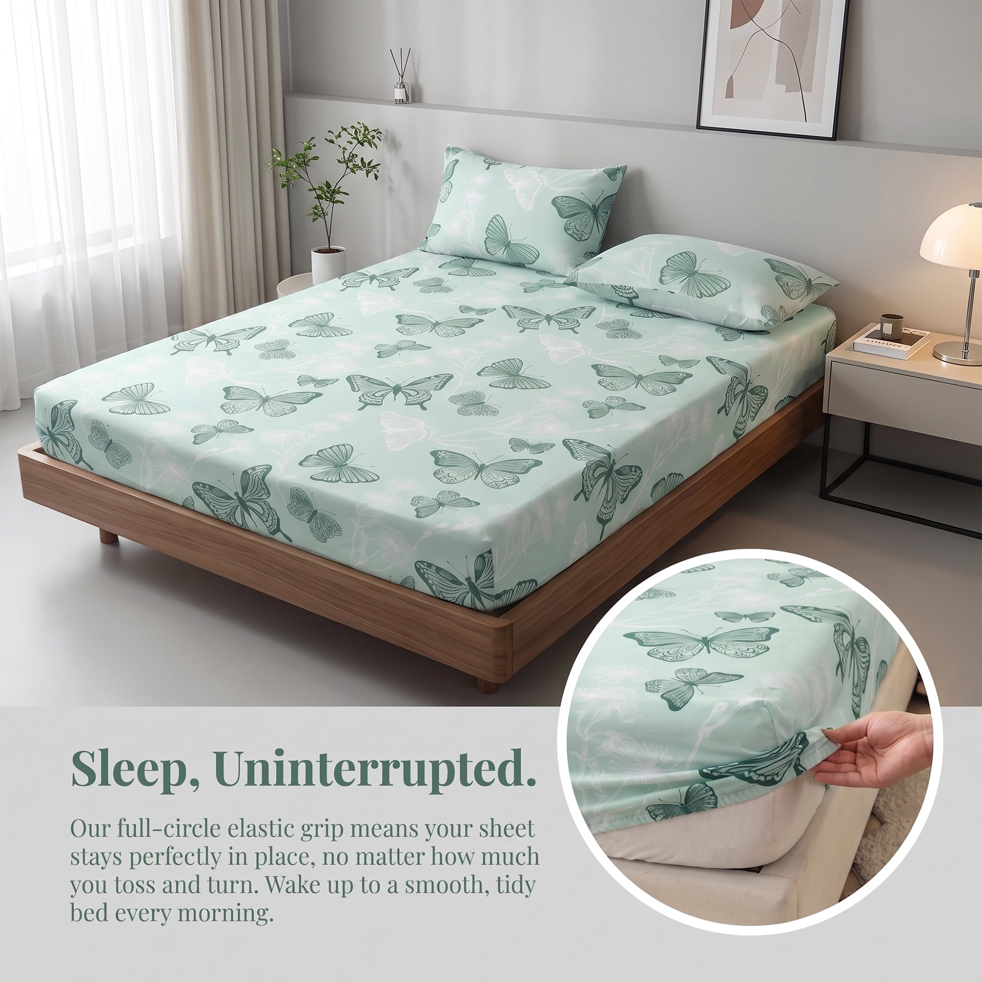 Unique Bargains Fitted Sheet Butterfly Pattern Microfiber Bed Sheets Green 60.2"x79.9"