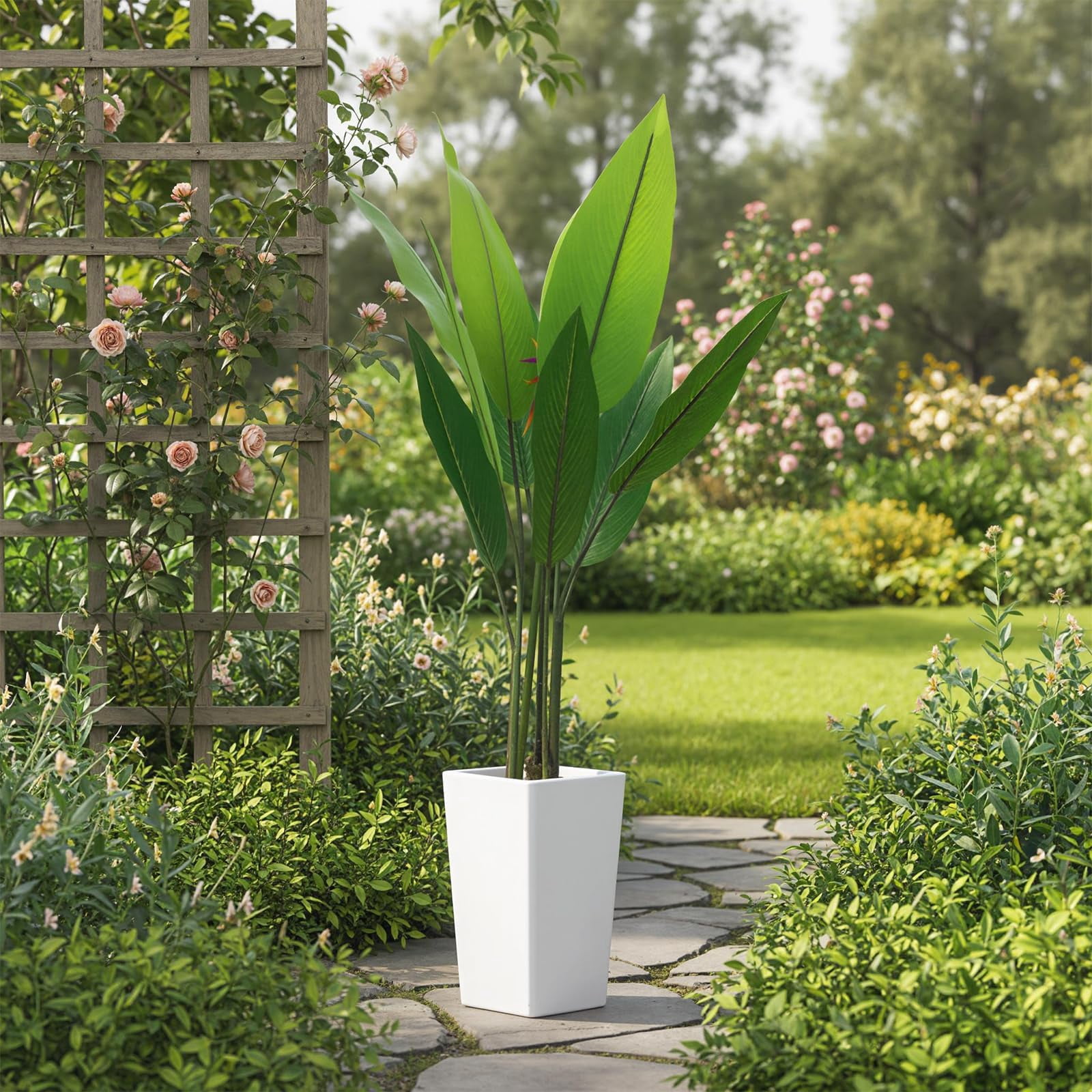 Accreate Faux Banana Tree Artificial Plant, Fake Potted Tropical Evergreen with Tall White Planter for Living Room, Entryway, Porch, or Office