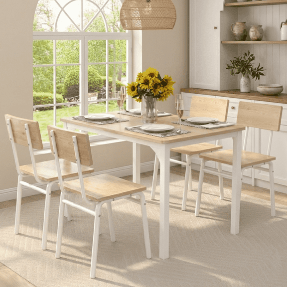 SESSLIFE 5 Piece Dining Table Set with 4 Chairs, Table and Chairs Set for 4 Persons, Metal Frame & Wood Seat, Home Kitchen Breakfast Table, Natural