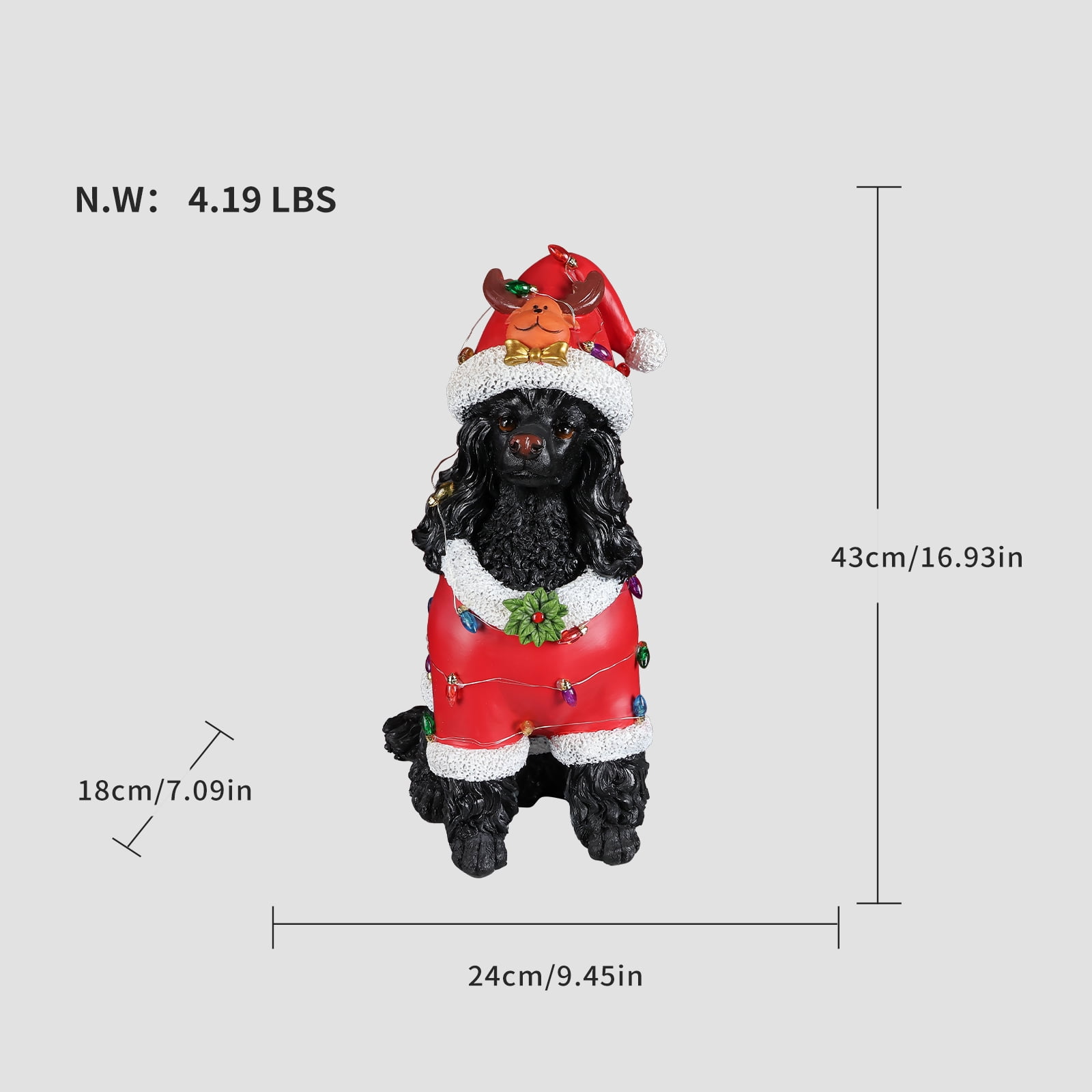 Black Poodle Red Santa Outfit Christmas Dog Statue with Reindeer Antlers Holiday Tabletop Decor