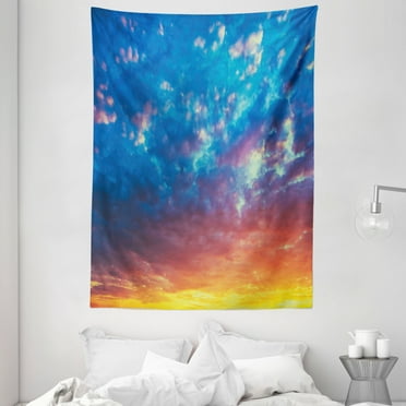 Yellow and Blue Tapestry, Dramatic Sky Sunset Scenic Cloudscape Idyllic Twilight Eco Picture, Wall Hanging for Bedroom Living Room Dorm Decor, 60W X 80L Inches, Coral Earth Yellow, by Ambesonne