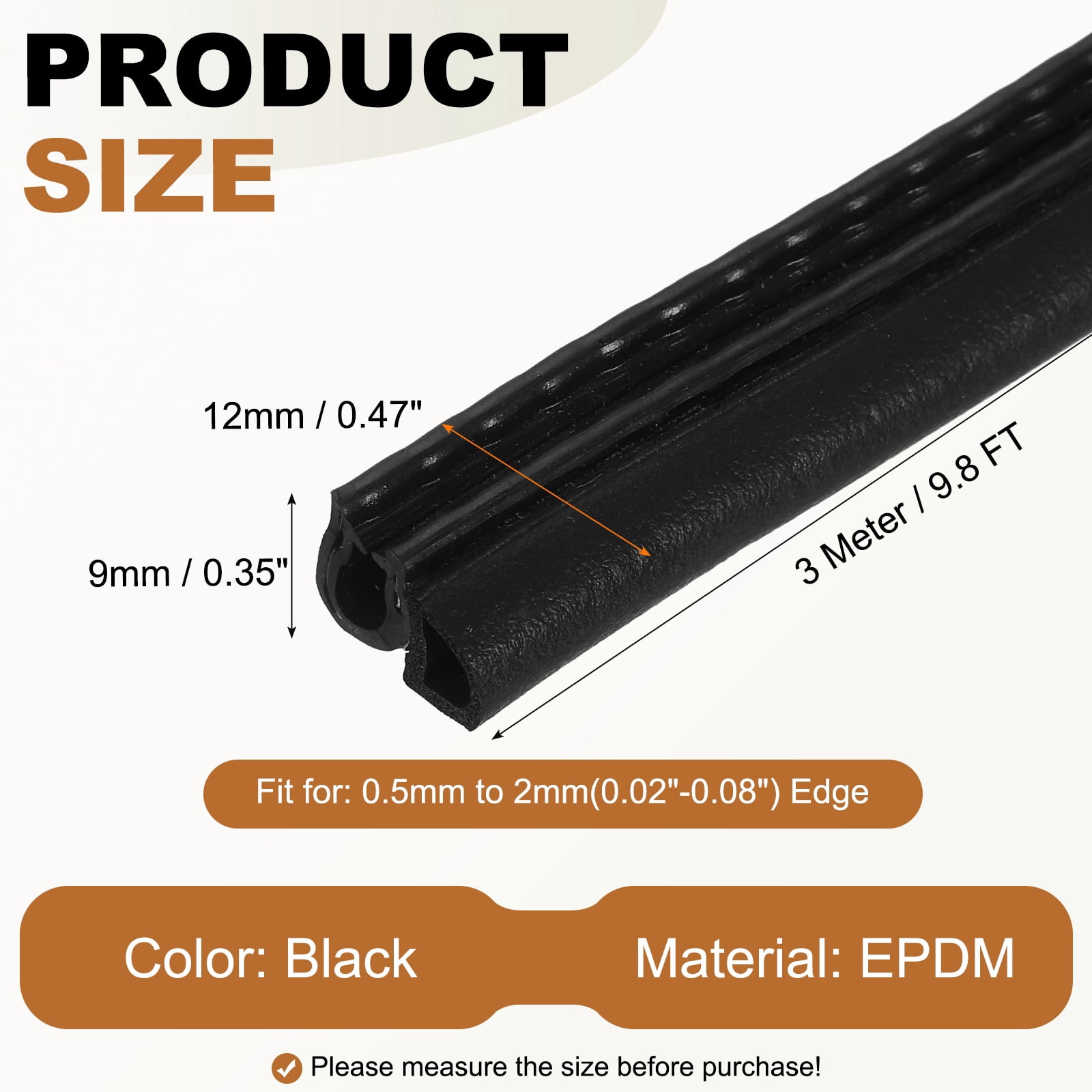 Door Weather Stripping 9.8FT, 12mm W x 9mm H EPDM Car Door Rubber Edge Trim Seal Strip Gasket with Side Bulb Fit 0.5mm to 2mm Edge for Electrical Cabinet Cars Boat RVs Truck, Black