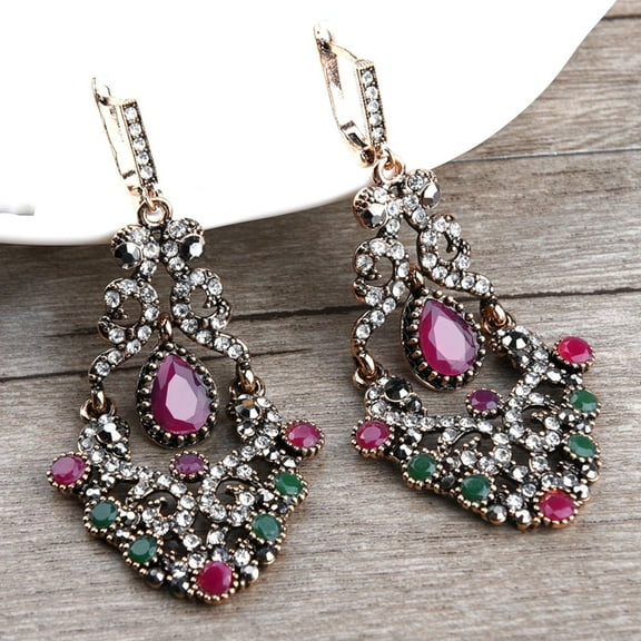 Antique Gold Red Crystal Pearl Tassel Long Sahara Bead Chain Earrings Indian Wedding Jewelry - 1 Pair