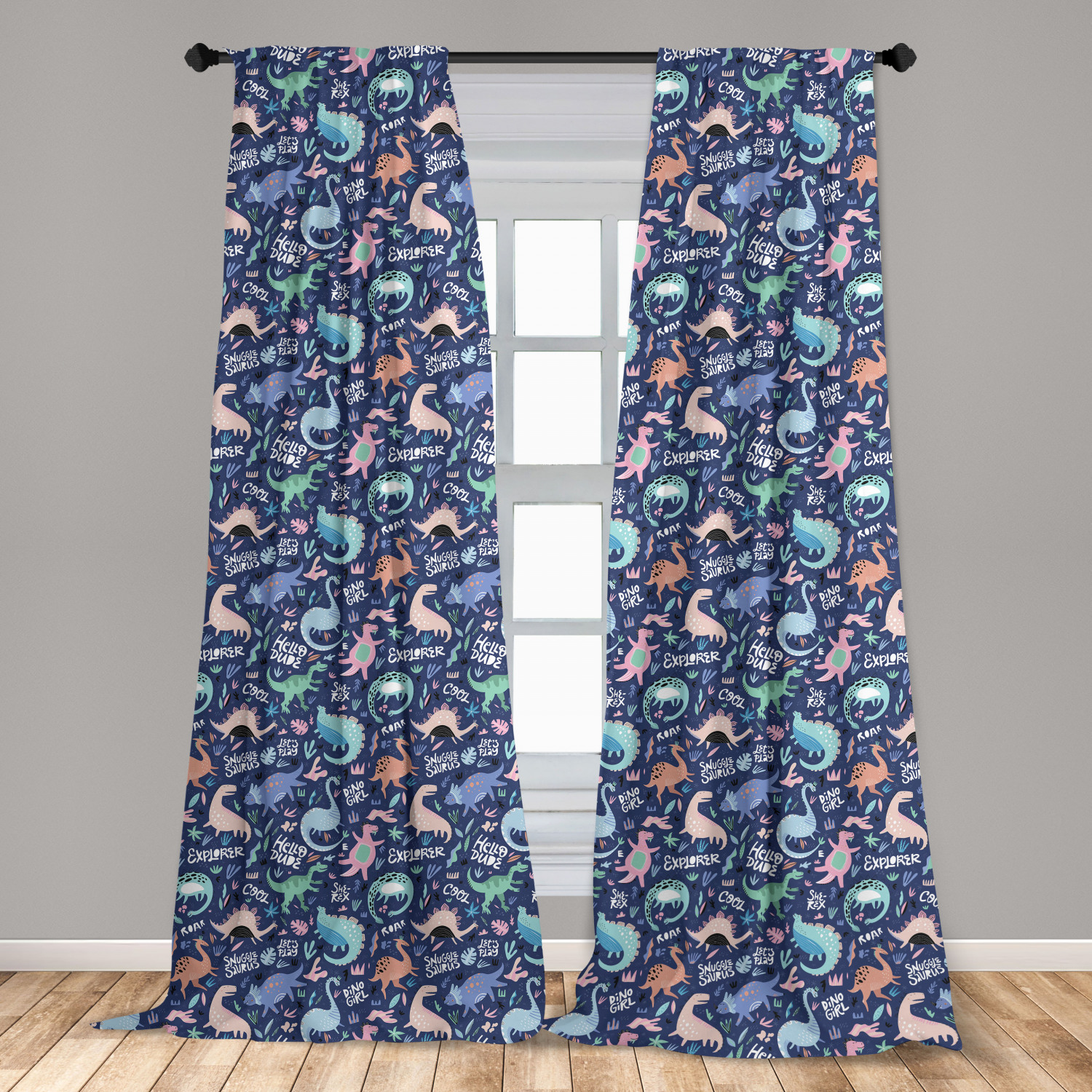 Dinosaur Curtains 2 Panels Set, Nursery Cartoonish Abstract Extinct
