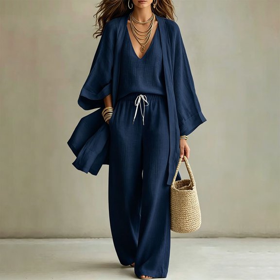 Ussuma Solid Color 3 Piece Sets for Women V-Neck Sleeveless Tank and Cardigan with Elastic Waist Loose Plus Size Drawstring Pants with Pockets Intellectual Sets Dressy Casual Party Travel Work XL