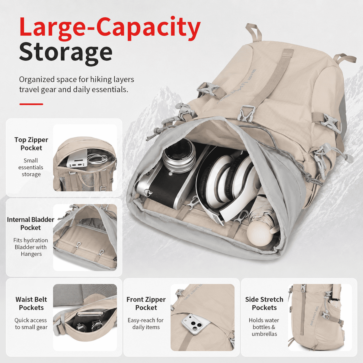 JIDIZHE 32L Polar Explorer Hiking Backpack, Lightweight Water-Resistant Outdoor Travel Backpack for Men & Women,Grey