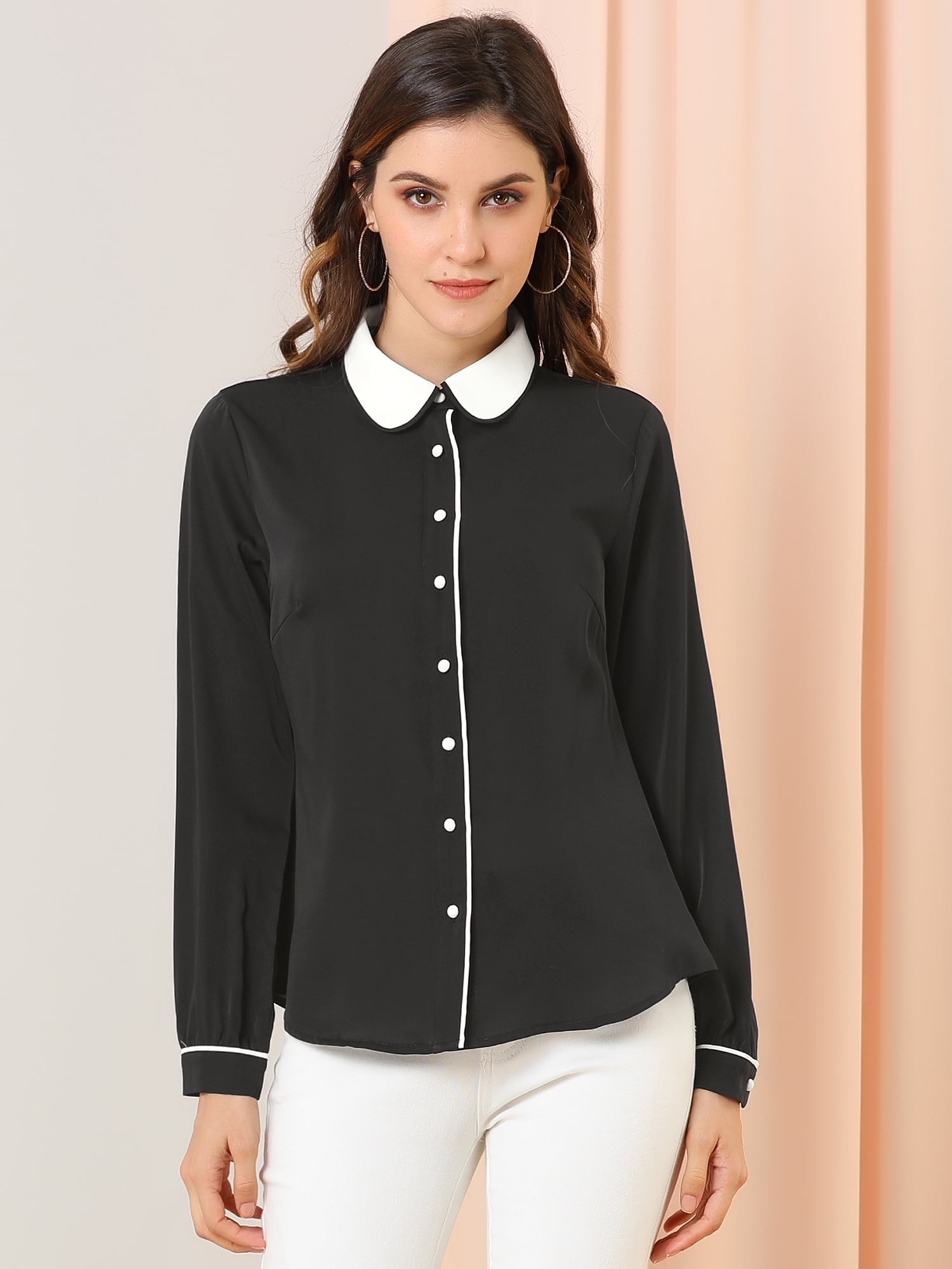 DARING DIVA Women's Button Down Long Sleeve Peter Pan Collar Blouse XL Black