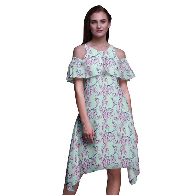 Bimba Robe à Volants Imprimée Aquarelle Verte pour Femmes Épaules Dénudées - TTTG