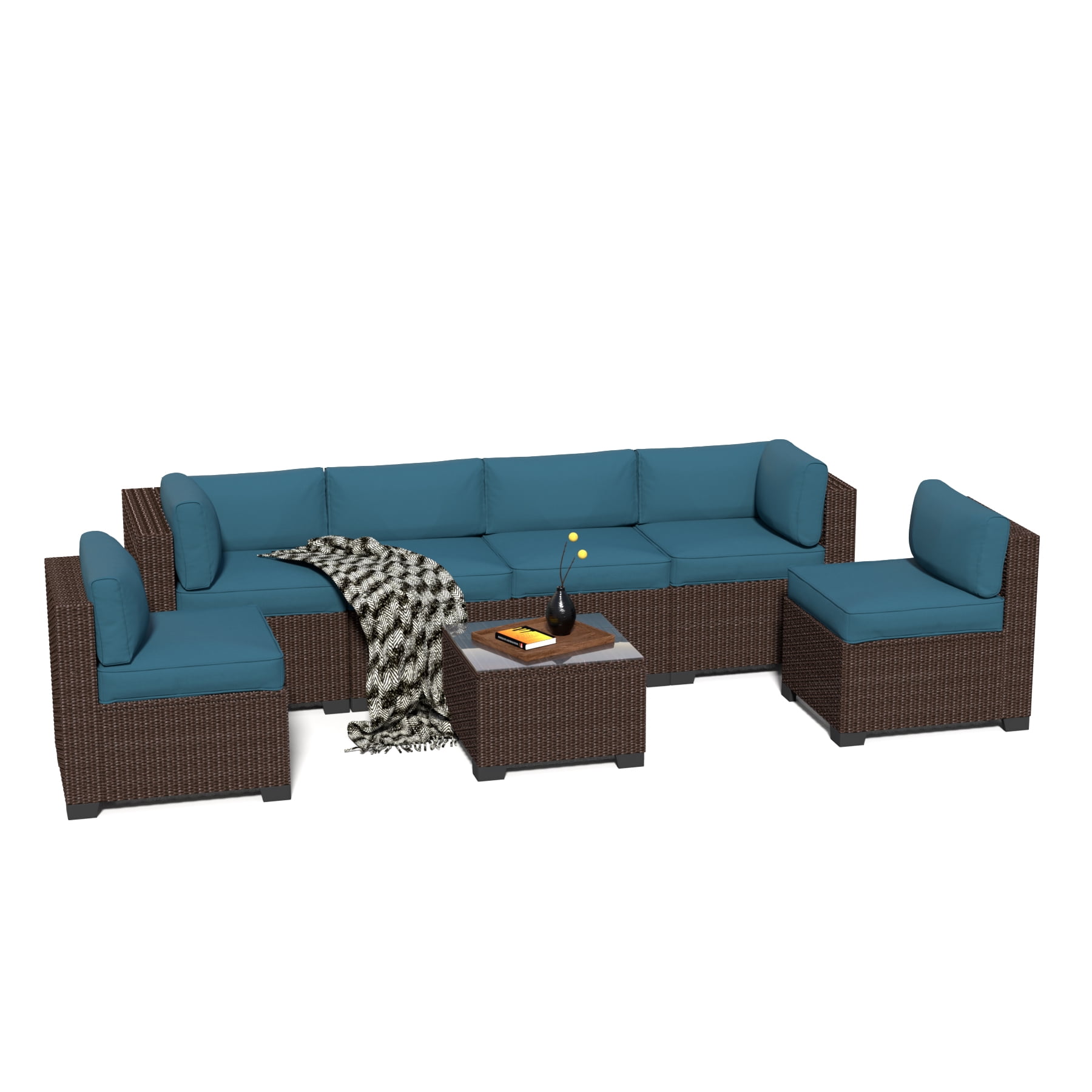 7-Piece Outdoor Patio Furniture Set, PE Rattan Sectional Sofa with Waterproof Cushions & Coffee Table, Modern Patio Conversation Set for Porch, Balcony, Backyard (Peacock Blue)