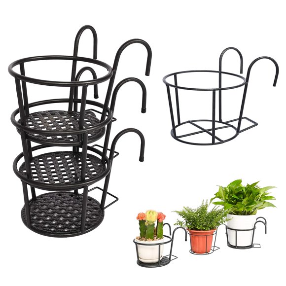 Toytexx 4-Piece Metal Plant Stand Set, Indoor/Outdoor Flower Pot Holders with Bonus Hanging Basket, Black