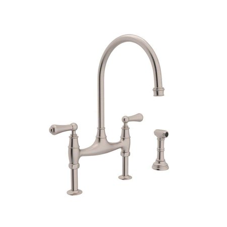 Rohl U.4719L-STN-2 Perrin and Rowe Deck Mount Bridge Kitchen Faucet with Sidespray with High C Spout and Metal ALSace Levers, Satin Nickel