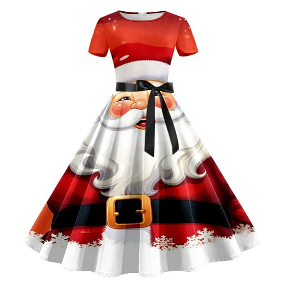 TJAZFJPA Summer Wedding Guest Dresses for Women Women Christmas Print Short Sleeve 1950S Housewife Evening Party Prom Dress Sweetheart Neckline Dress Plus Size Sun Dress