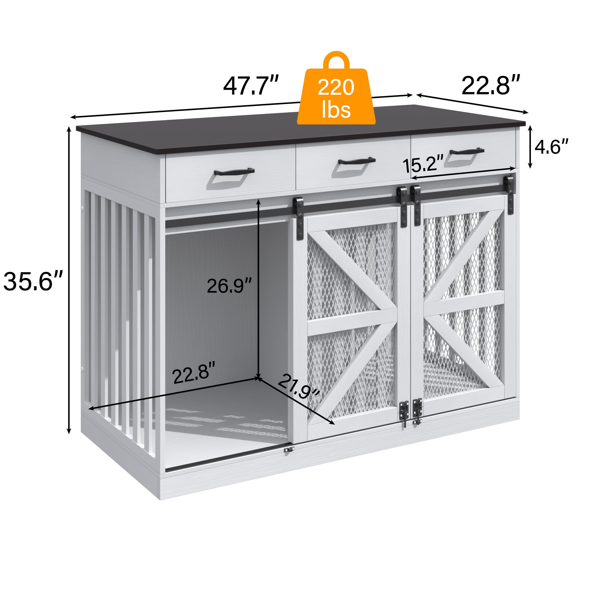 Casendy Dog Crate Furniture with Adjustable Divider for 2 Dogs, Heavy Duty Dog Kennels with 3 Drawers and Sliding Doors, Media Console Dog Cage for Living Room, White