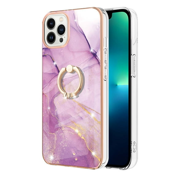 SaniMore for iPhone 14 Pro Max 6.7" 2022 Case with 360 Degree Rotating Metal Ring Shockproof TPU Backplane Marble Pattern Luxury Fashion Anti-drop Cover for iPhone 14 Pro Max, White Purple Marble