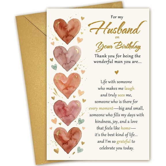 Sweet Birthday Card for Husband from Wife: Happy Birthday Greeting Card for Men - 8x5.3 Inches with Envelope & Sticker -Romantic Watercolor Heart Design - Heartfelt Birthday's Gifts for Him