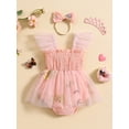 thumbnail image 2 of Biekopu Baby Girls Rompers Dress Fly Sleeve Flower Embroidered Mesh Tulle Skirt Hem Infant Bodysuits Summer Clothes with Headband, 2 of 8