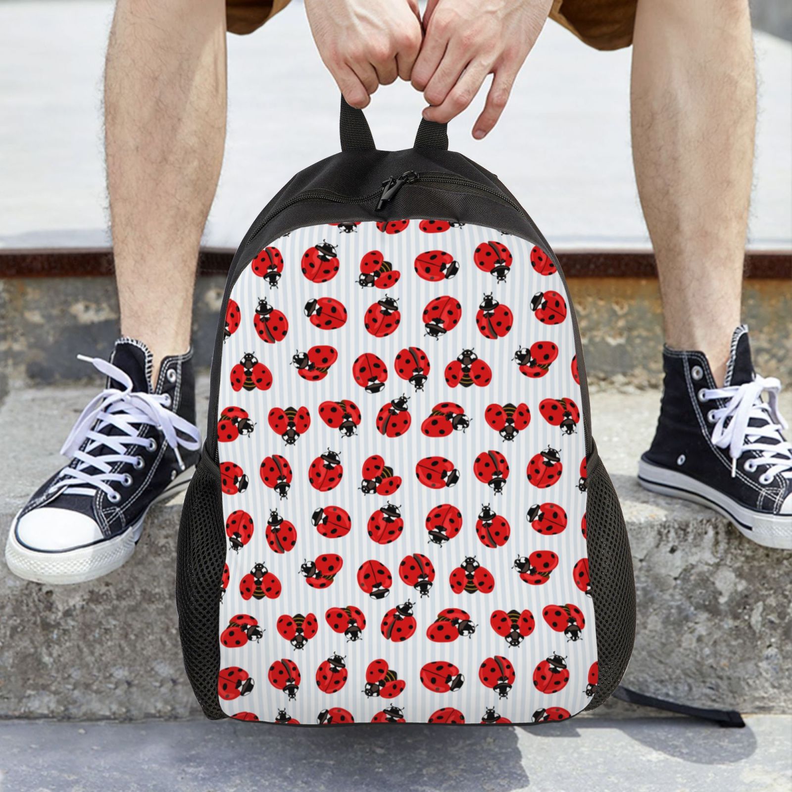 Xecao Ladybug On Blue Stripes Print School Backpack with Laptop Compartment Small Travel Laptop Backpack for Women Men Waterproof College Backpack Simple School Bag