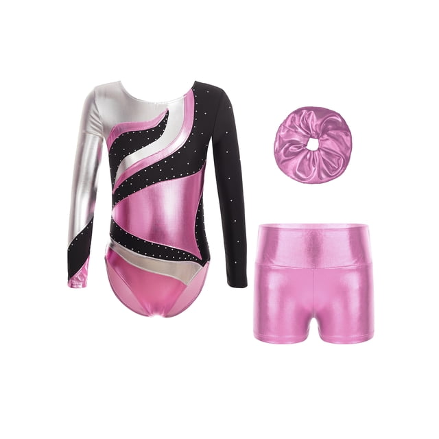 iefiel Costume de Gymnastique pour Filles Manches Longues Col Rond Justaucorps avec Shorts et Couvre-Chef Rose 16