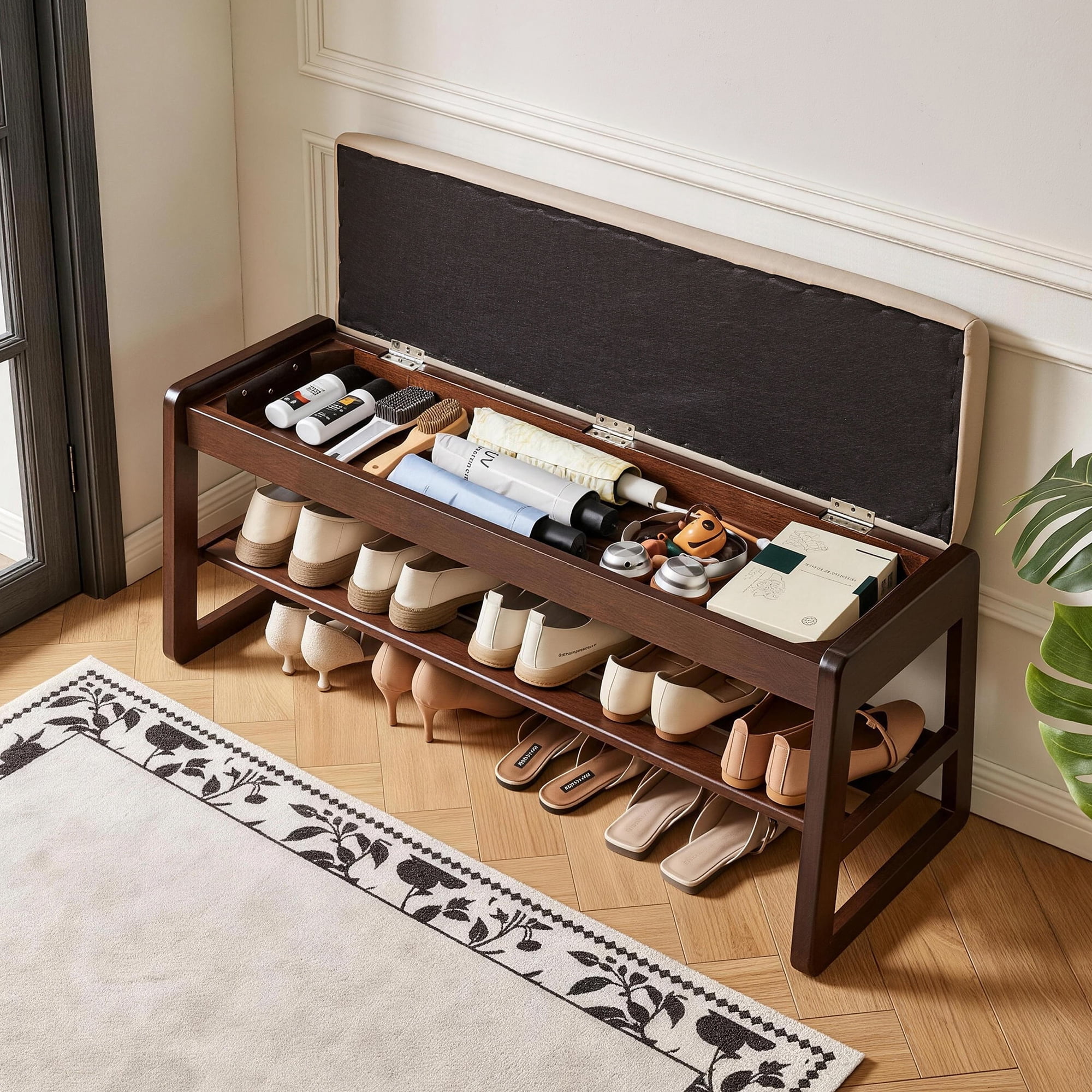 Solid Wood Shoe Bench with Lift-Top Storage 31.5 Inch Entryway Hallway Organizer for Front Door Bedroom